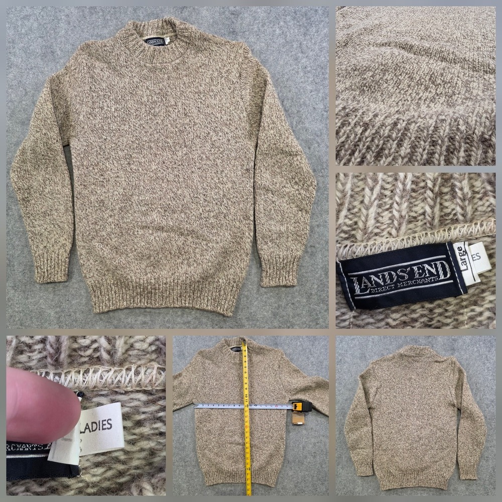 VTG‎ Lands' End Sweater Womens Large Beige Wool Blend Crewneck Knit Pullover